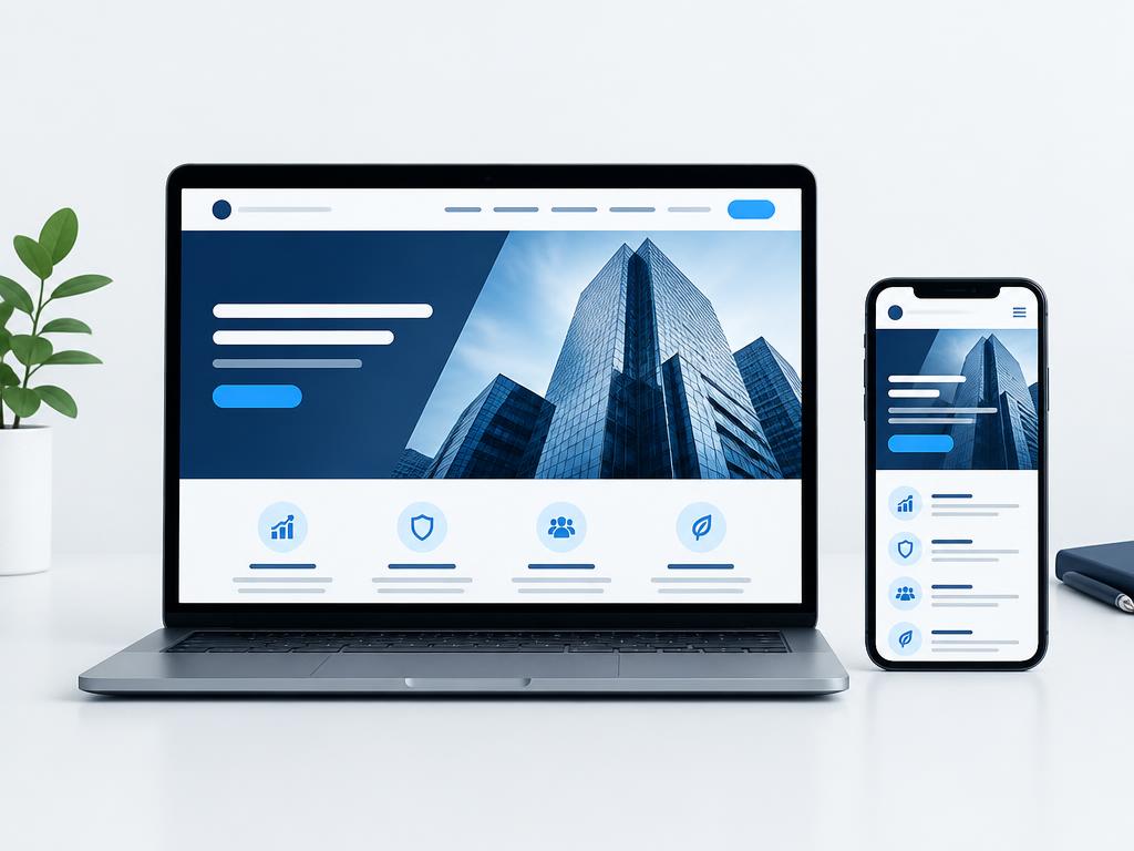 Site institucional responsivo exibido em notebook e celular